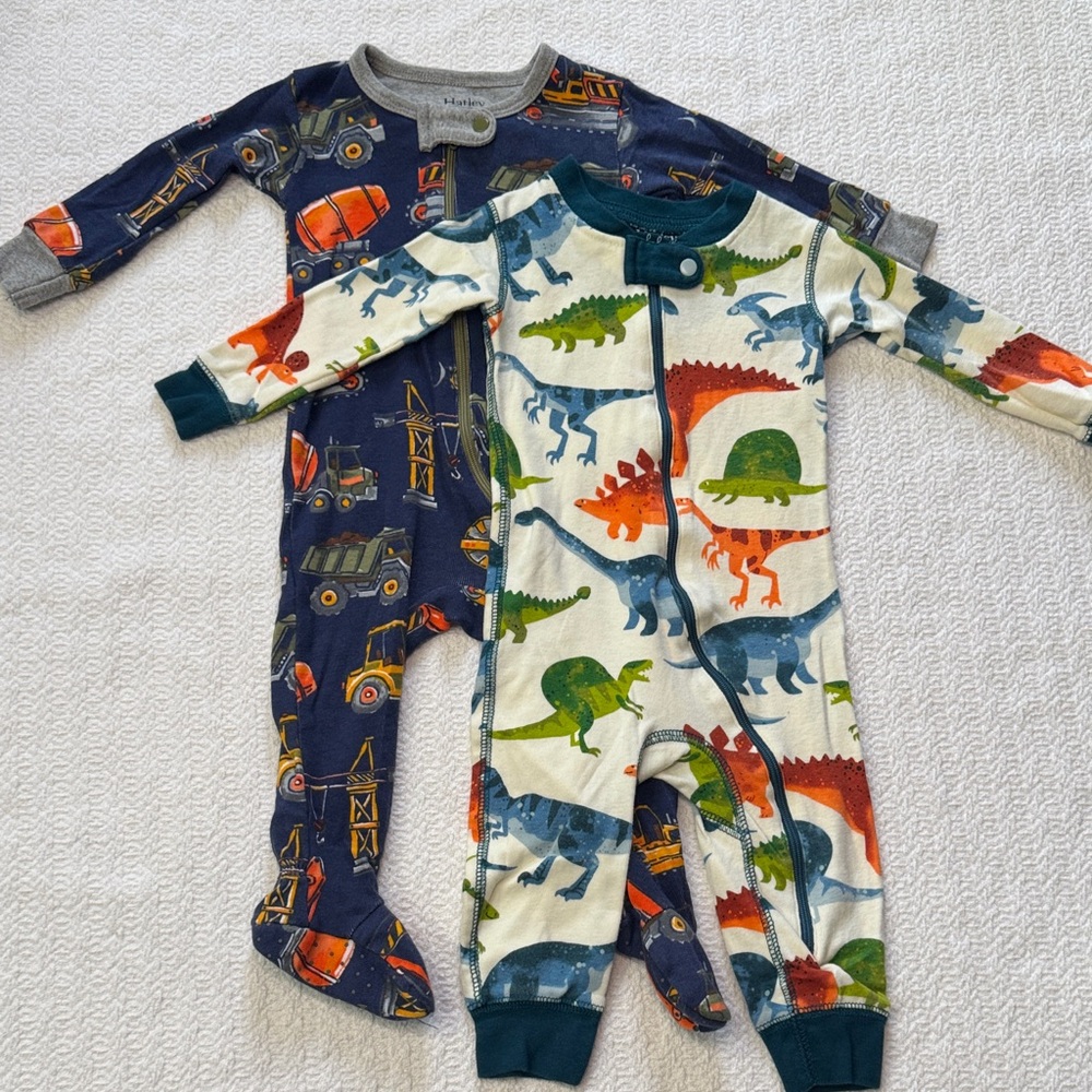 Hatley Blue and Cream Baby Boy Sleepers with Dinosaurs and Trucks